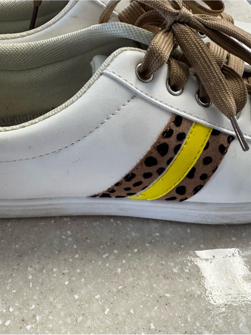 Jellypop White Low-Top Sneaker with Leopard Panel and Yellow Stripe